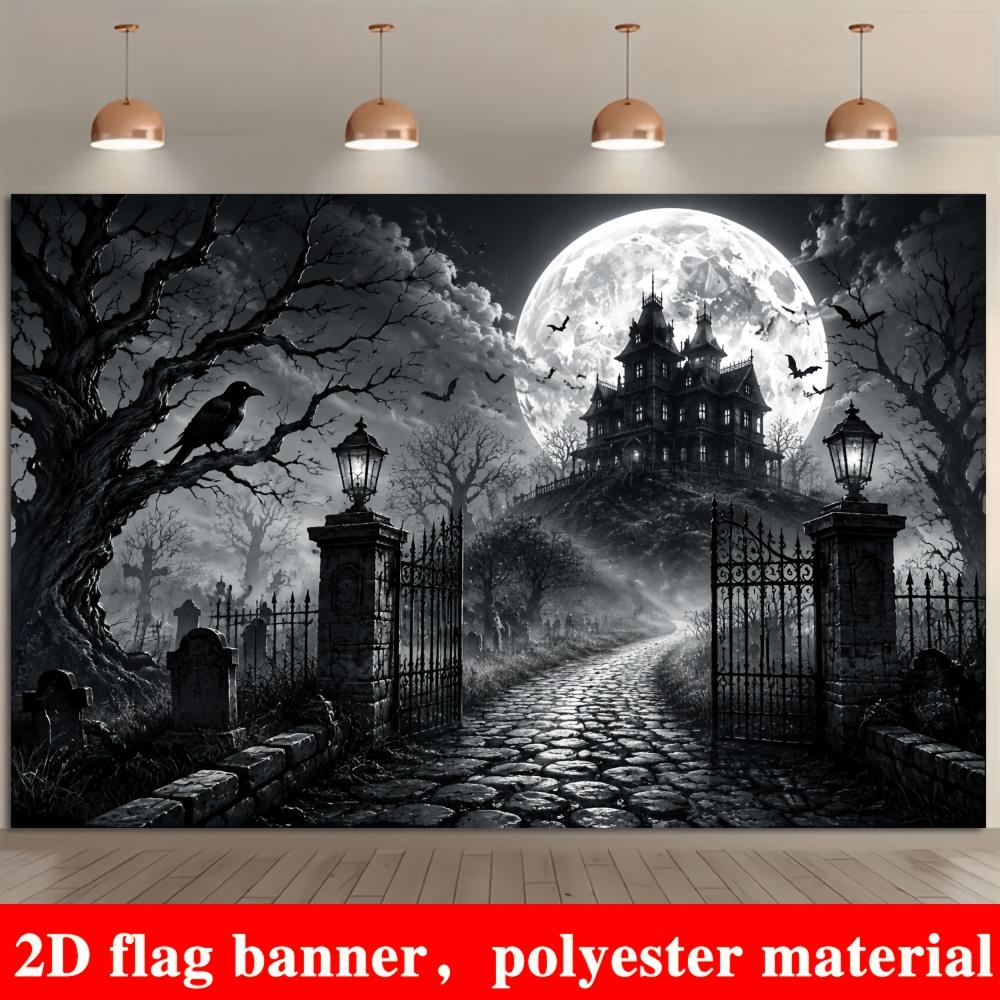 The Halloween dark castle-themed background features dead trees, crows, graves and bats, which are suitable for party decoration