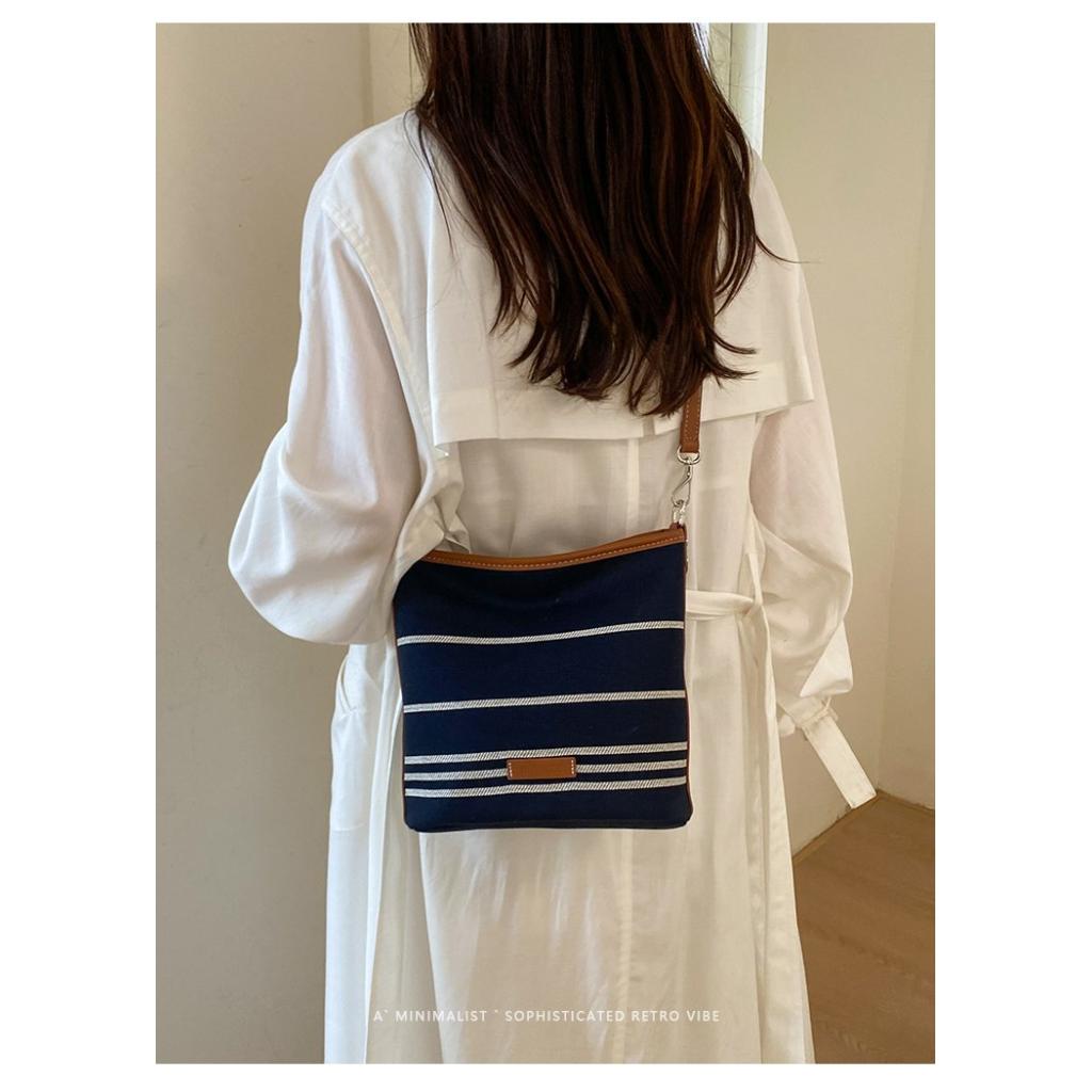 Shoulder Bag Women CanvasStriped Design Adjustable Strap Daily Commute