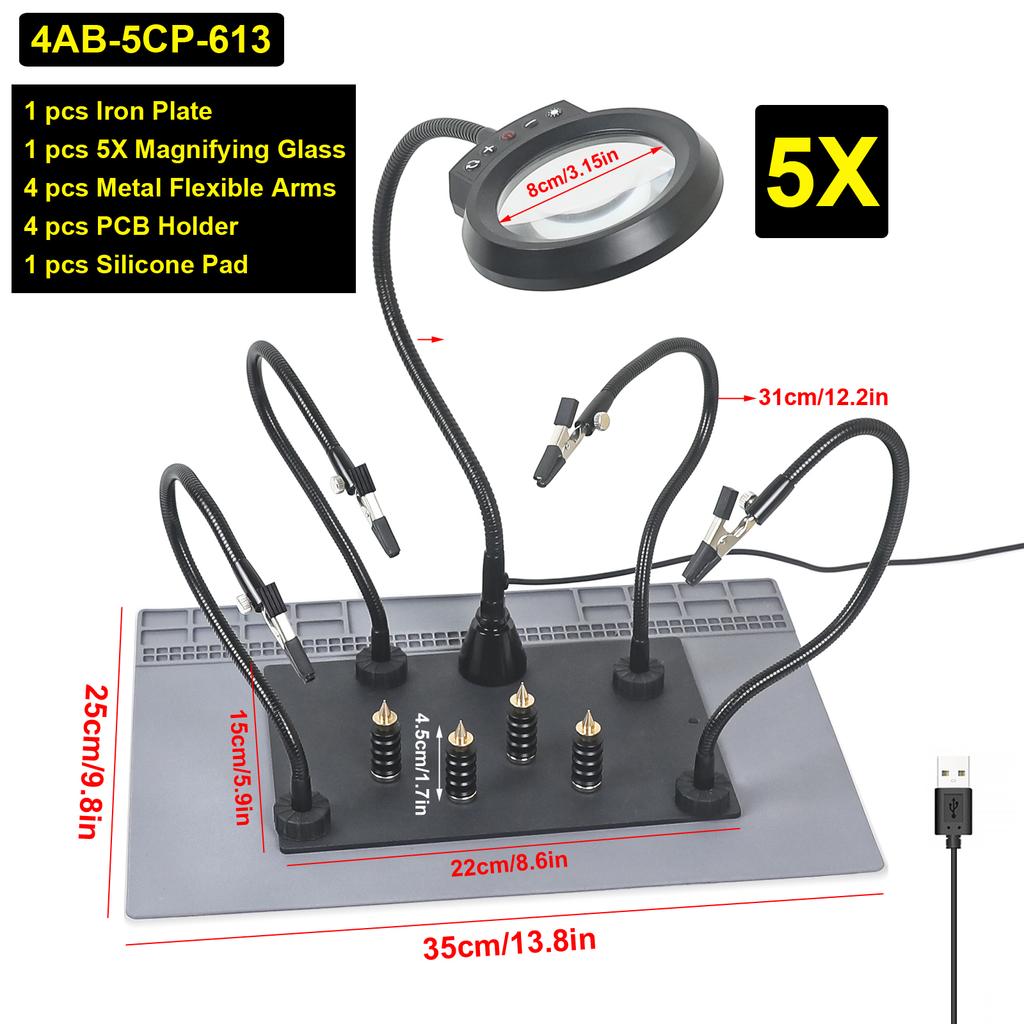 Toolour Magnetic Helping Hands Soldering Station with Heavy-Duty Steel Base/Welding Silicone Pad/5X Magnifying Lamp/4PCB Holder