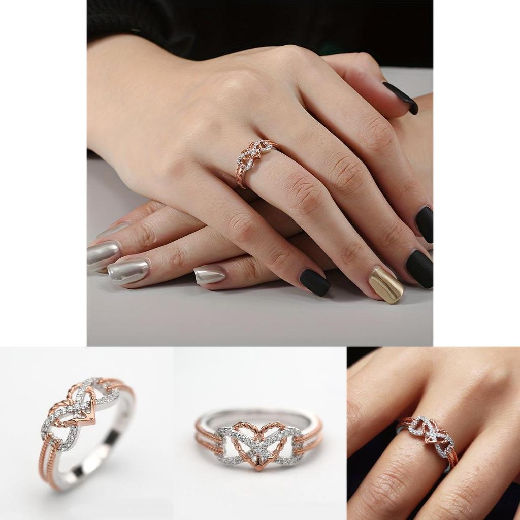 Элегантное двухцветное кольцо с сердцем и крестом из розового золота для модных молодых женщин