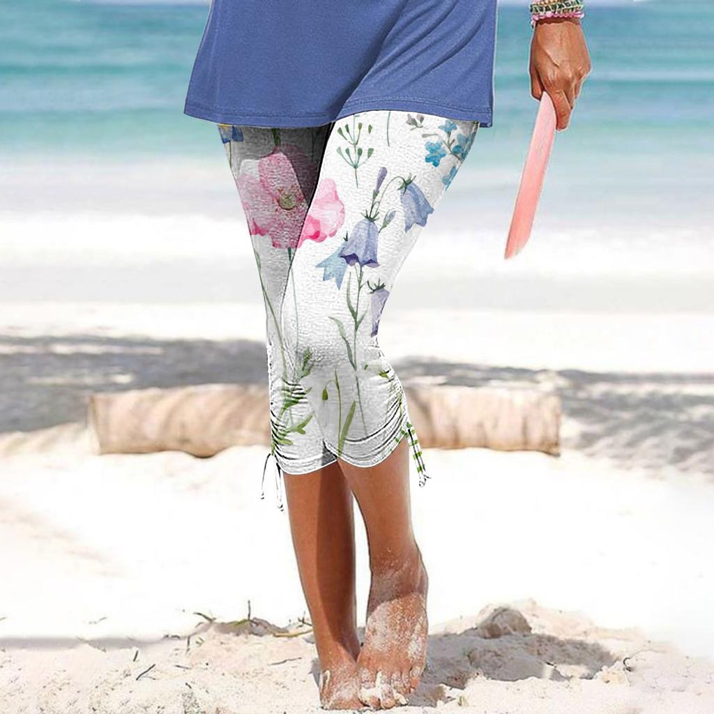 Women Summer Casual Pants Prints Cycling Short Elastic Waist Casual Vacation Skinny Leggings Cropped Trousers