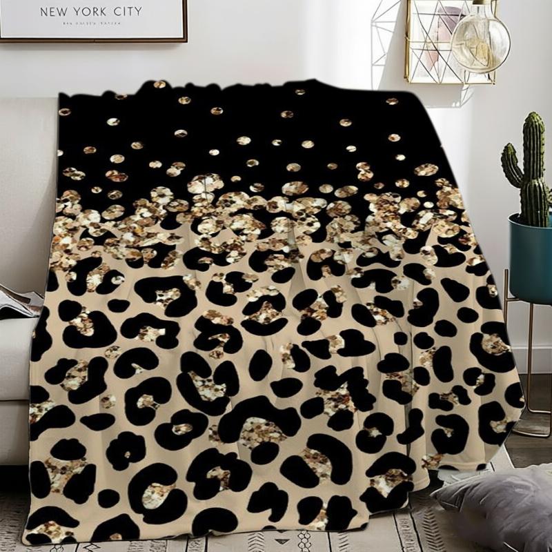 Black Gold Leopard Sequin Luxury Flannel Blanket For Bold Bedroom Decor Lightweight Plush Throw Blanket Cover