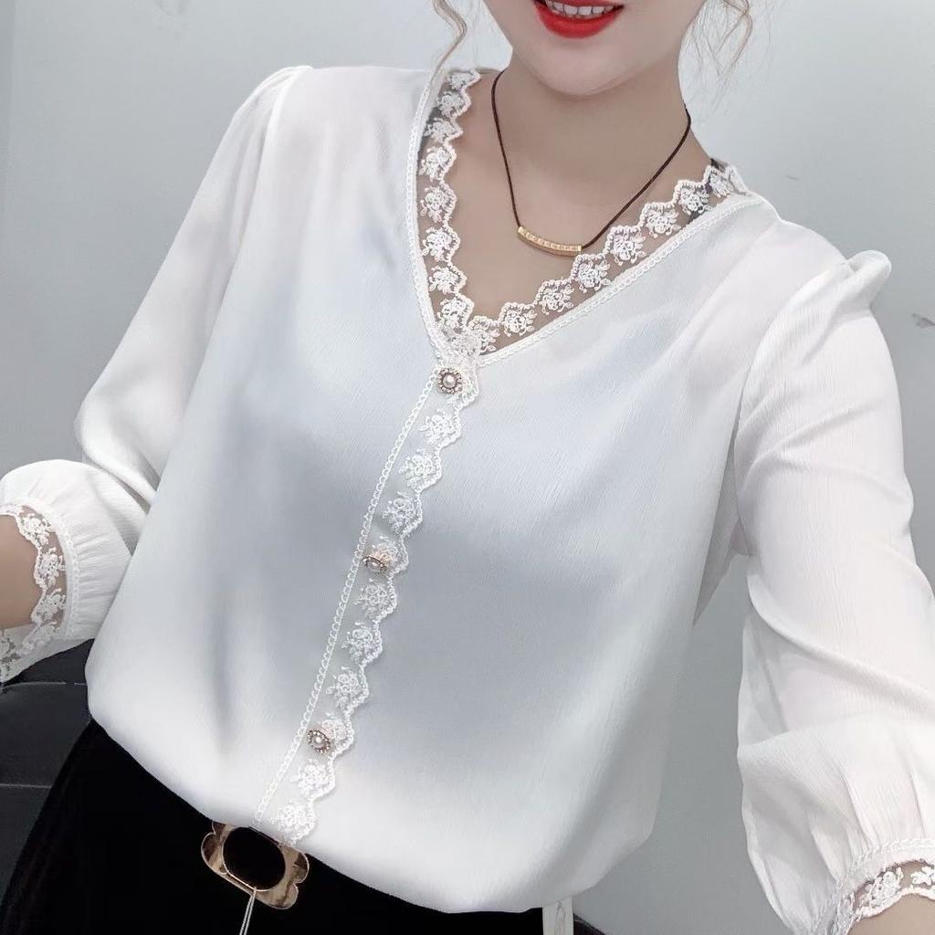 Женская рубашка весна-лето с милым кружевом, шикарная, с жемчужными пуговицами и V-образным вырезом, женская одежда, однотонная блузка с рукавом 3/4