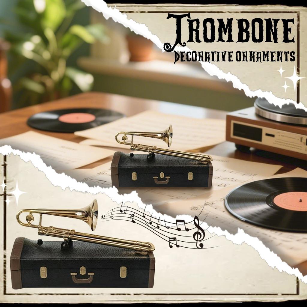 Модель тромбона с кейсом - Покрытый латунью миниатюрный музыкальный инструмент, Коллекционный декор для стола и подарок для любителей музыки (10cm / 3.94in)