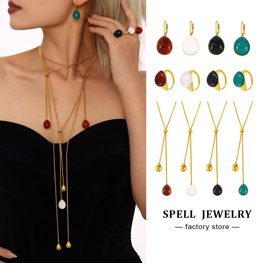 Длинное Ожерелье Сочетающееся с Серьгами Кольцом Из Нержавеющей Стали С Многоцветной Смолой Цепочка на Свитер Ожерелья Серьги Кольца Для Женщин