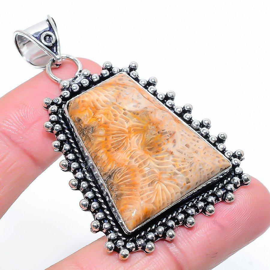Fossil Coral Gemstone Handmade 925 Sterling Silver Jewelry Pendant 2.36" N5o02