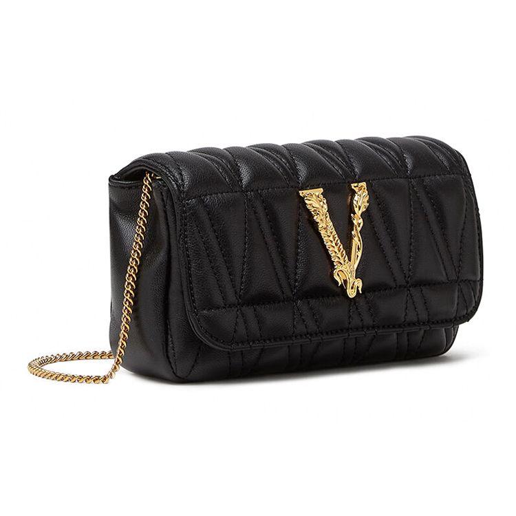 Versace Virtus Naplak Классический Логотип Золотая Отметка Прошитая Цепочка Стеганая Для Поездок Кожаная Сумка Через Плечо Мини Женские сумки Черный DBFI002-D2NTRT-DNMOV
