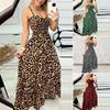 Women Strappy Dress Leopard Print Low-cut V Neck Sleeveless Tight High Waist Color Matching Backless Big Hem Vacation Beach Maxi Dress