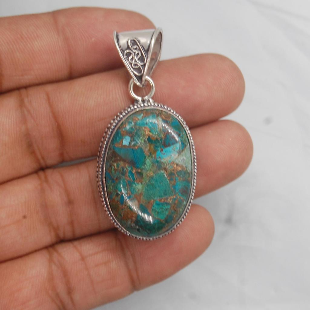 Oval Cab Green Copper Turquoise 925 Sterling Silver Pendant, Designer Turquoise Pendant