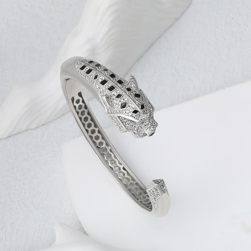 European and American Style Domineering Zircon-set Leopard Head Open Bracelet Jewelry