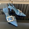 Fashion Denim Blue Rhinestone Women Pumps Wedding Bride Shoes Elegant High Heels Slingback Pointed Toe Sandals Ladies Shoes