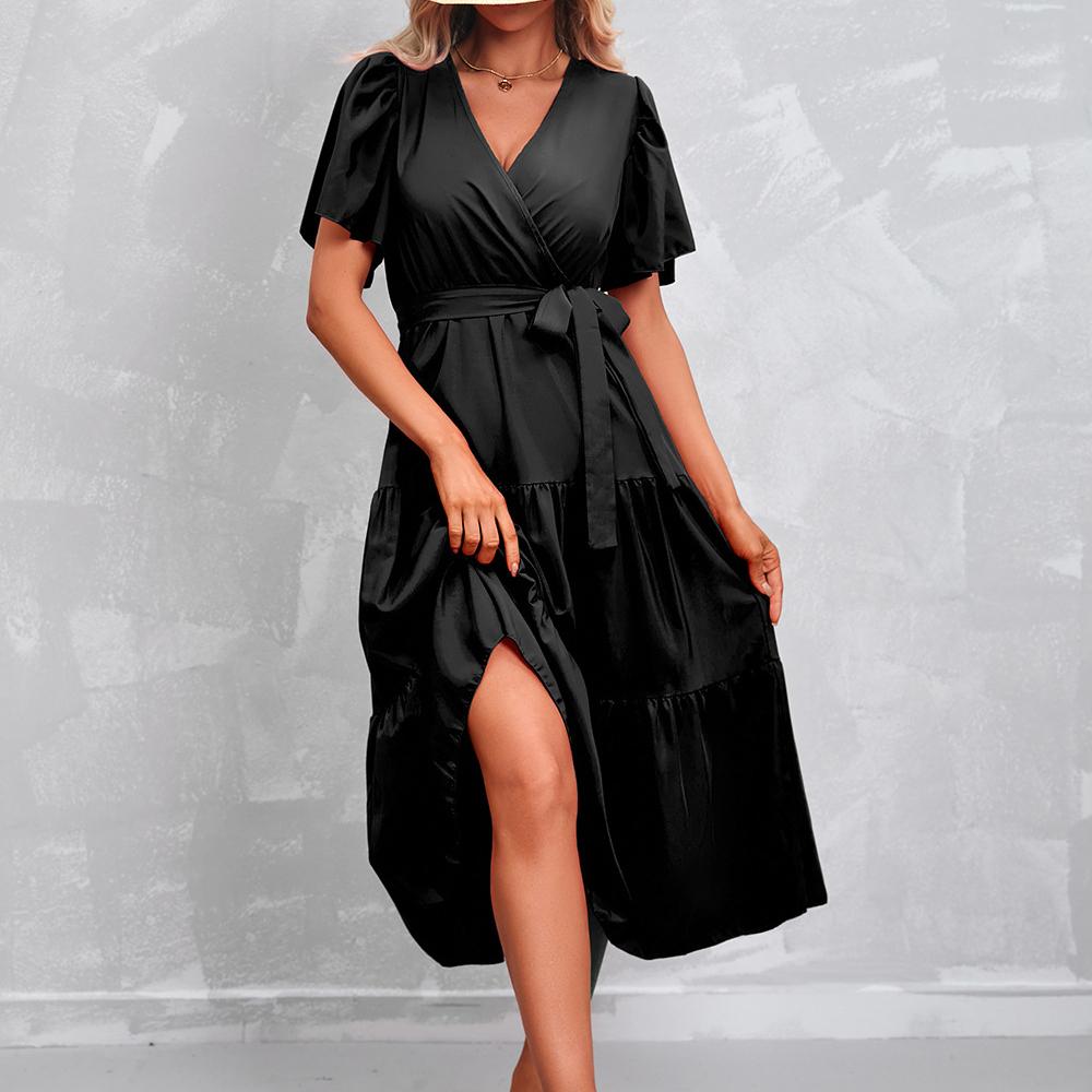 GMXIA Women's Fashion Summer Spring Solid Color Print Short Sleeve V-Neck High Waist Casual Dresses