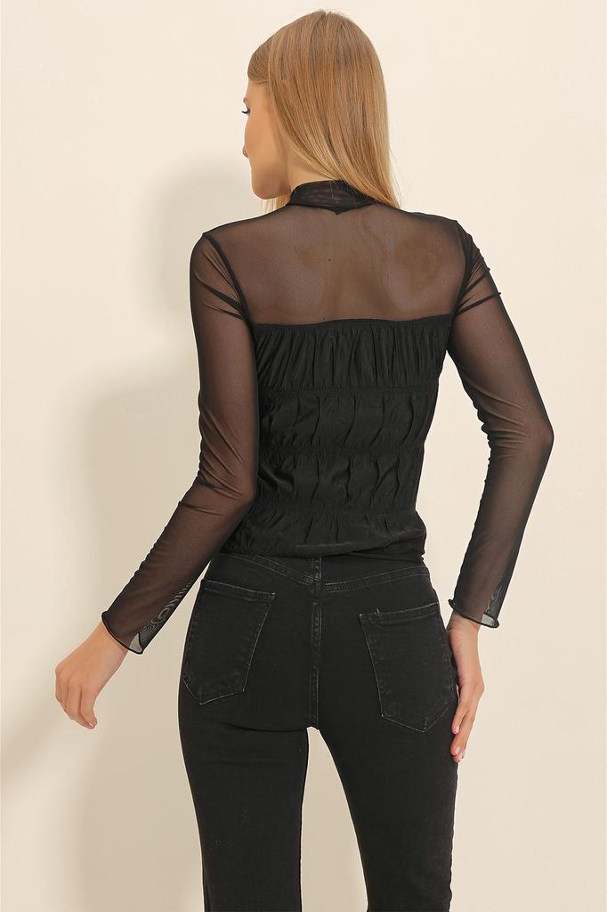 Women's Blouse New Season Fashion Black Turtleneck Tulle Detailed Blouse