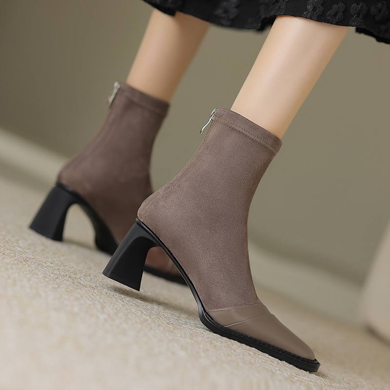 Krazing Pot Зимние эластичные ботинки из флоковой коровьей кожи с квадратным носком на толстом высоком каблуке и молнии, женские однотонные ботильоны