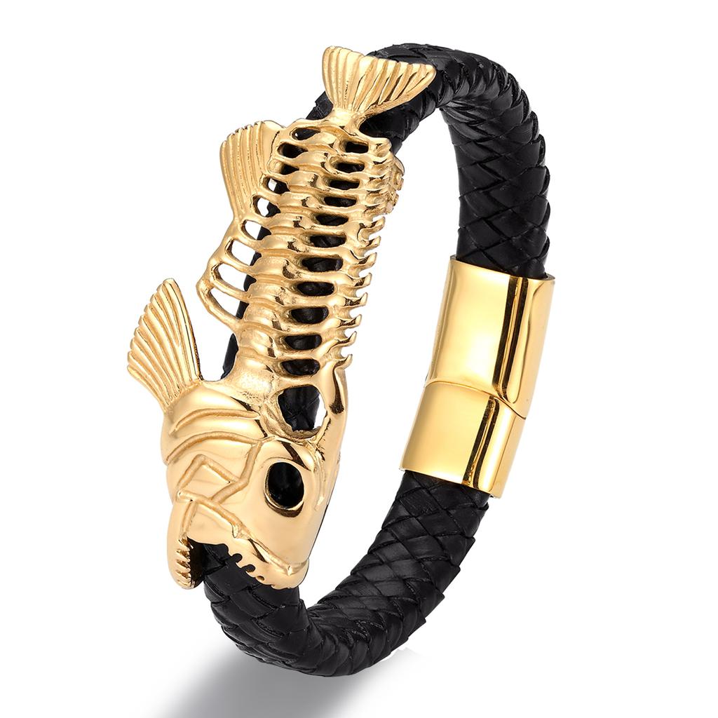 New Punk Design Gold Color Animal Genuine Leather Bracelet Men Female Stainless Steel Lion Wolf Leopard Bangle Wristband Jewelry