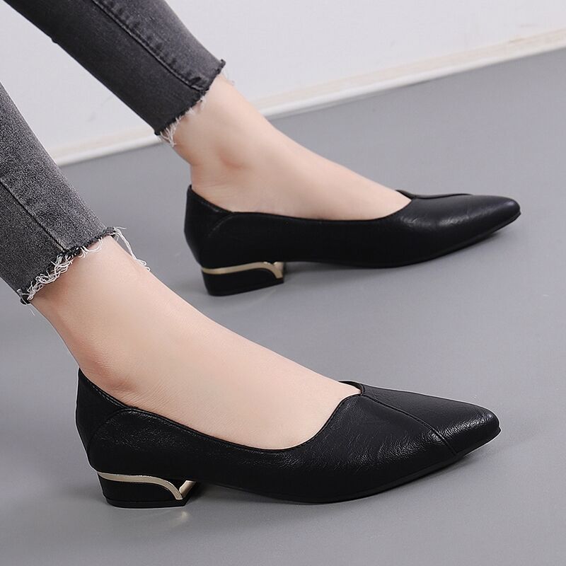 Single Shoe Women's Flat Bottomed Spring Thick Heel Pointed Leather Shoes Women's Work Shoes Lazy Shoes