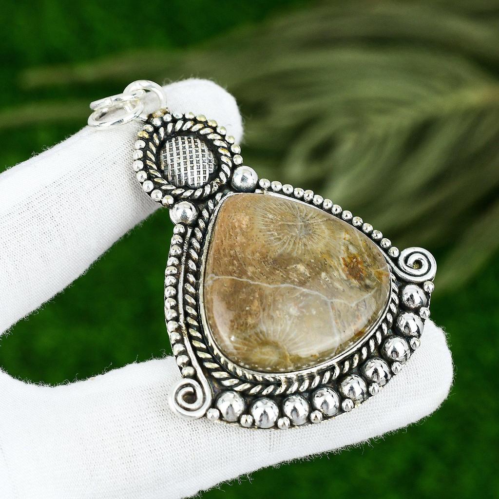 Sisters Day Sale 925 Silver Pear Fossil Coral Stone Mother New Pendant Jewelry