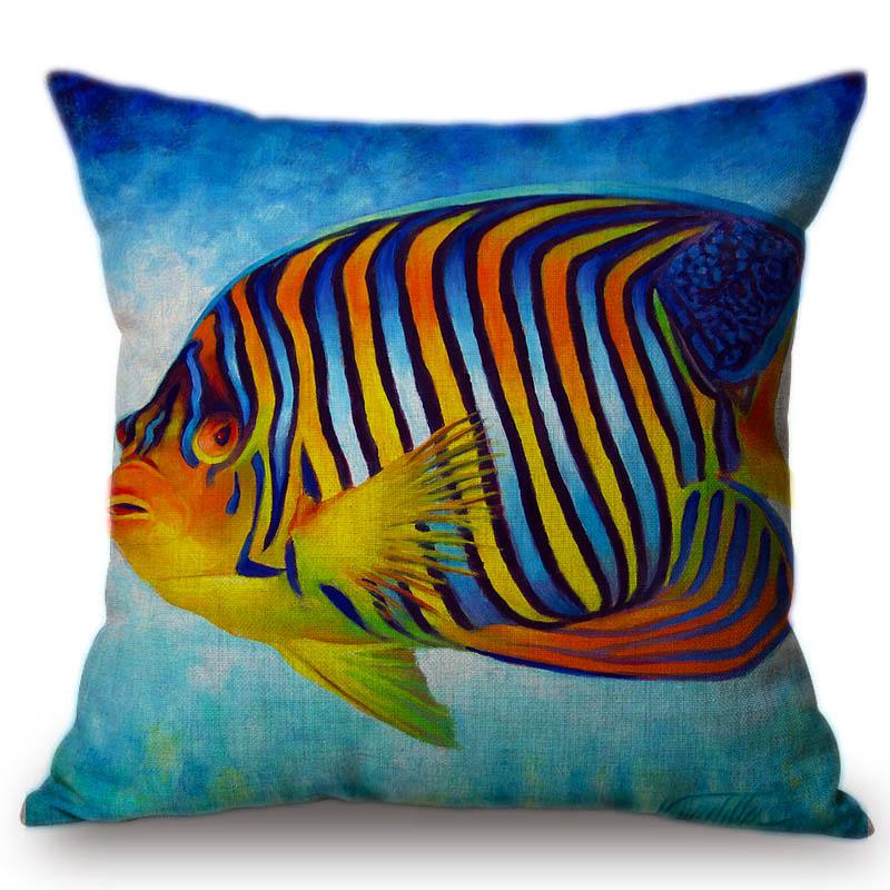 Summer Home Decoration Oil Painting Tropical Ocean Fish Sofa Throw Pillow Cover Nemo Fish Cotton Linen Cushion Cover Cases