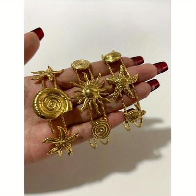 Панк Стиль Нержавеющая Сталь Ювелирные Изделия Серии Океан для Женщин Модный Позолоченный Браслет с Открытием Двойного Слоя Ракушка Морская Звезда