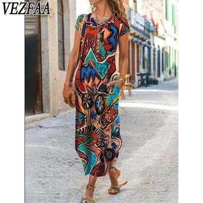 Женская мода лето весна цветочный узор принт короткий рукав О-образный вырез свободная талия повседневные платья