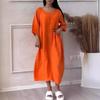 2024 Women's Cotton Linen Solid Colored Casual Button Long Dress with Round Neck