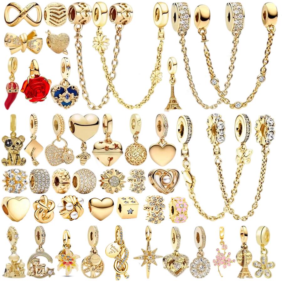 Gold Plated Sparkling Family Tree Charm Bead Fit Original Bracelet Fine Jewelry Cherry Blossom Love Letter Envelope Dangle