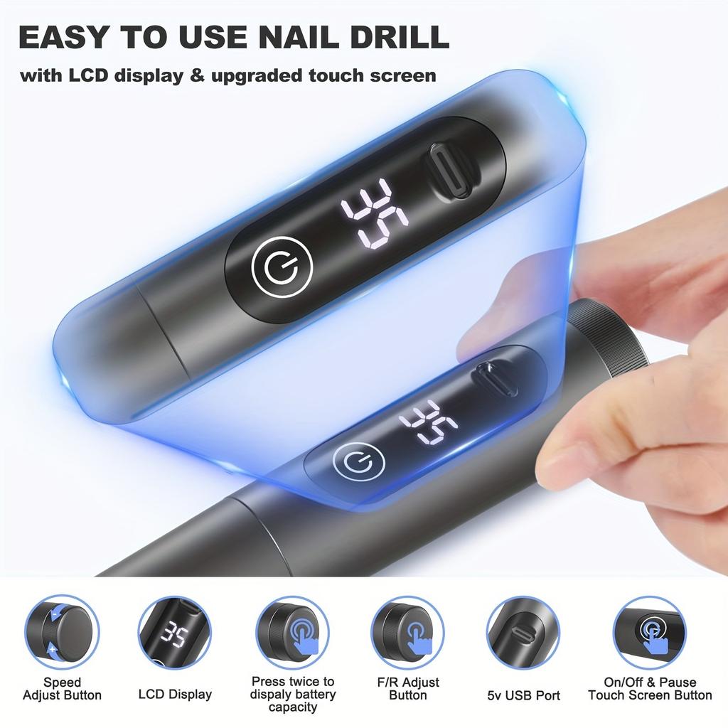 35000RPM Electric Nail Drill Machine Cordless Nail Sander for Nail Polish Rechargeable Portable Nail File for Acrylic Gel