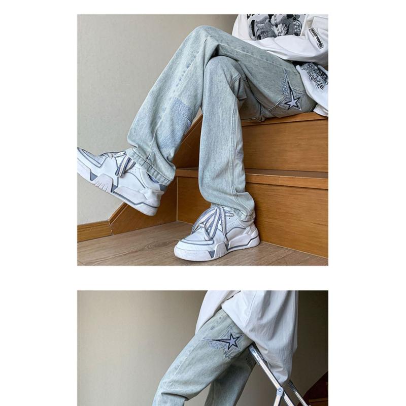 Брюки в американском стиле, уличные голубые джинсы со звездами и вышивкой, мужские брюки прямого кроя с дизайнерским смыслом