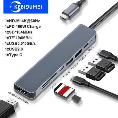Док-станция-концентратор 7 в 1 типа C, USB C - 4K, 30 Гц, HDMI-совместимый адаптер, разветвитель USB 3.0, устройство чтения карт SD TF для портативных ПК, аксессуары
