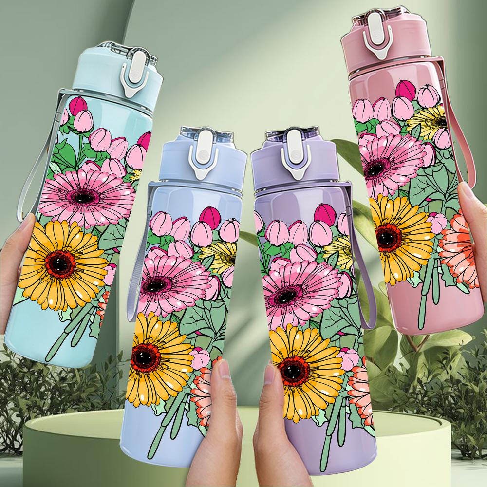 1PC Daisy Sunflower Mixed Floral 750ml Color Plastic Sports Water Bottle Leakproof Flip Straw Lid Suitable for Sports Office Home Use
