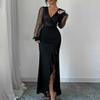 Sexy Bodycon Maxi Dress for Women V Neck Long Sleeve Mesh Sequin Dress Ruffle Side Split Wedding Guest Cocktail Party Dress