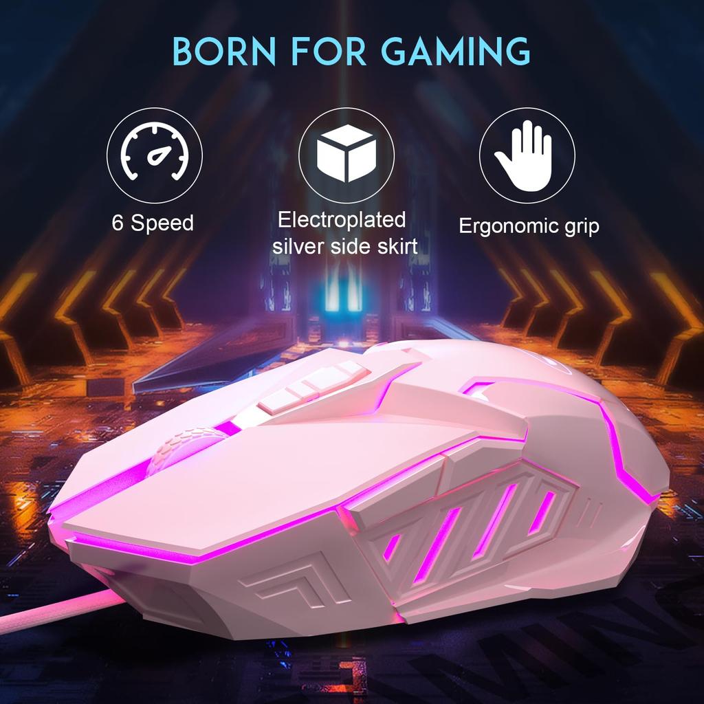 Игровая мышь MageGee G10 с дышащей светодиодной подсветкой, 6 регулируемых настроек DPI до 3200, эргономичная, оптическая, для ПК с Windows, розовая, проводная, 7-цветная подсветка,