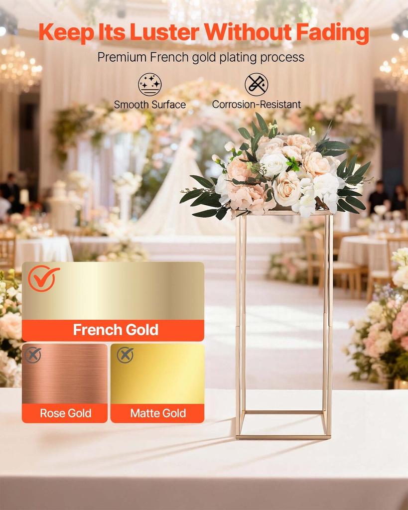 Wedding Flower Stand, 10PCS 60cm Column Flower Stand, Floral Stands with Acrylic Laminate, Gold Rectangular Floral Display Rack for Wedding, Party,