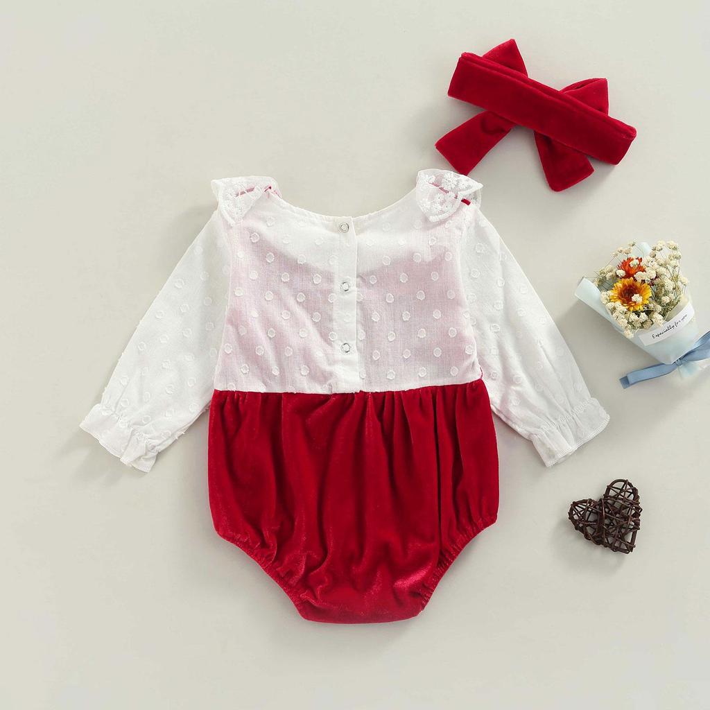 Комплект одежды из двух предметов для маленьких девочек, винно-красный комбинезон с кружевным подолом и головным убором с длинными рукавами, 0–24 месяца