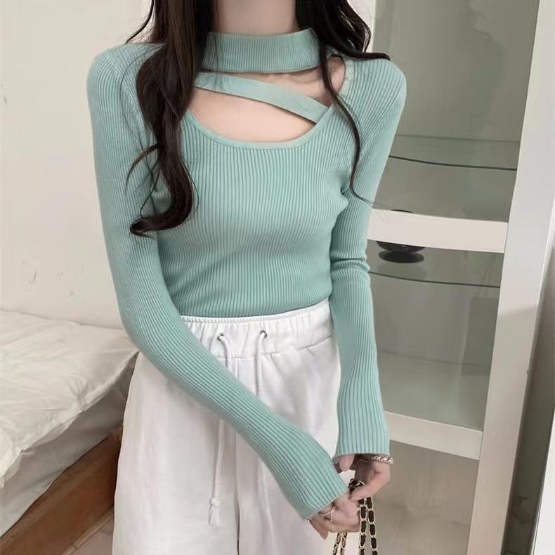 Осень и зима Приталенный свитер с круглым вырезом и висячей горловиной, вязаный свитер, женский асимметричный топ с длинными рукавами