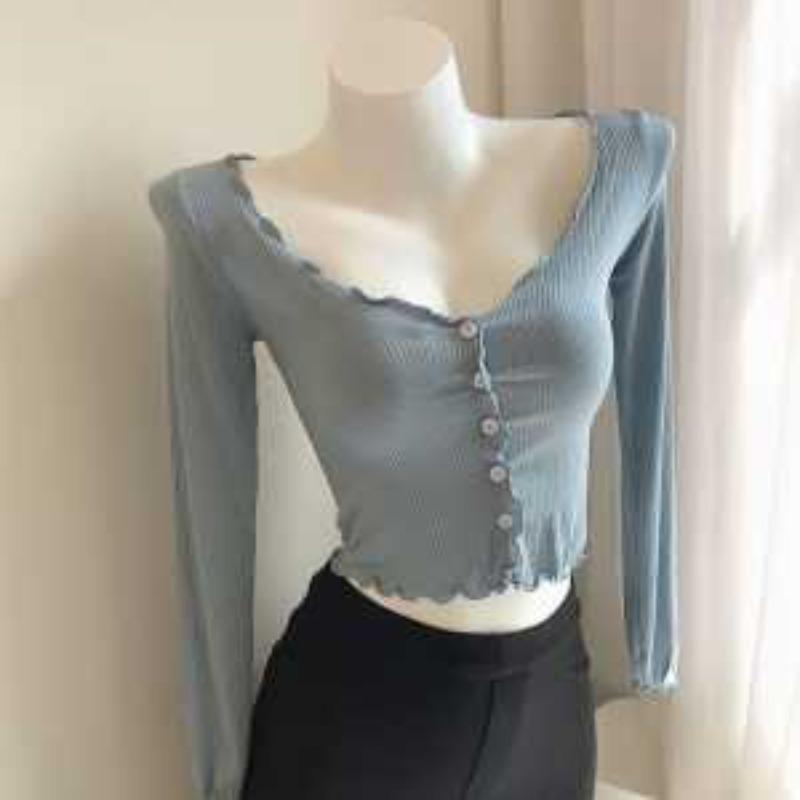 Женский розовый вязаный кардиган в рубчик с длинным рукавом, V-образным вырезом, на пуговицах, укороченный топ с отделкой воланами