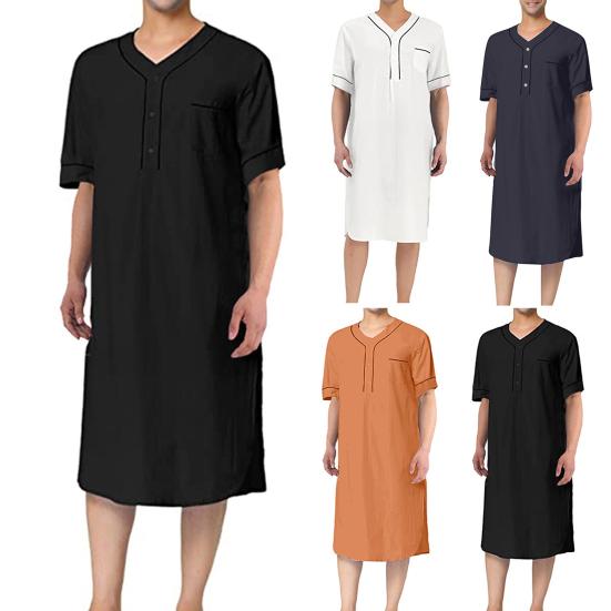 Мужская повседневная ночная рубашка с V-образным вырезом и коротким рукавом, накладной карман, однотонная, длина до середины икры, для сна
