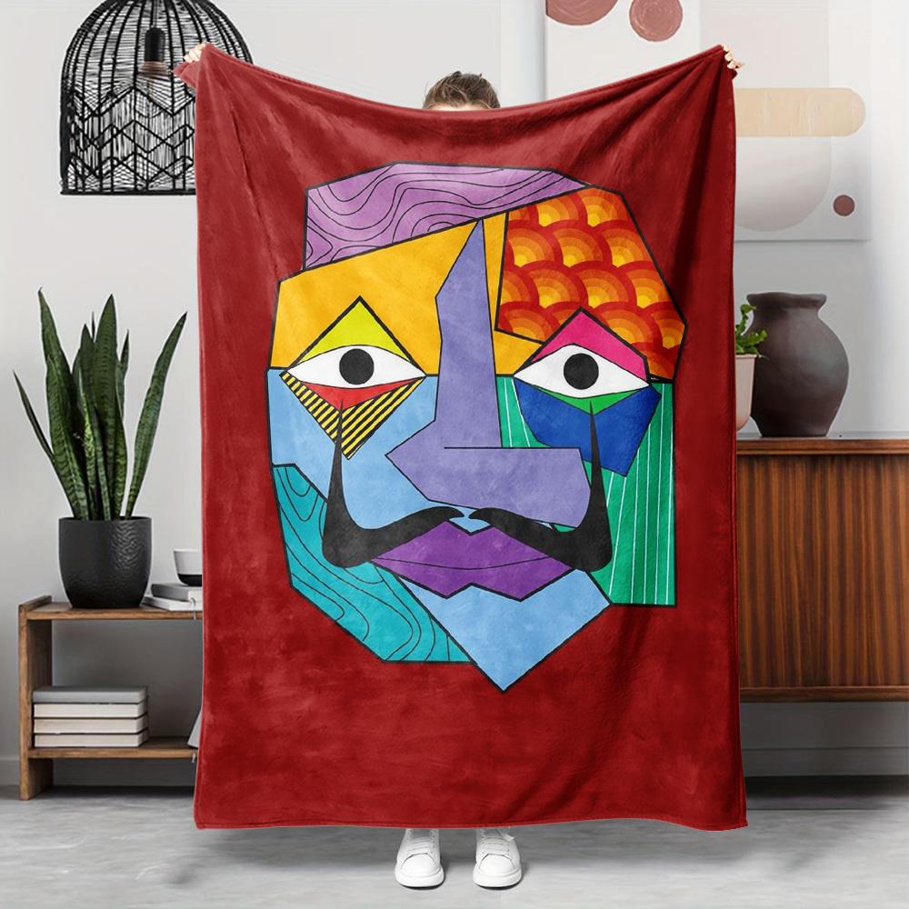 Cubist Face Flannel Throw Blanket – Vibrant Abstract Art, Soft Cozy Fleece with Maroon Background – Ideal for Couch, Bed