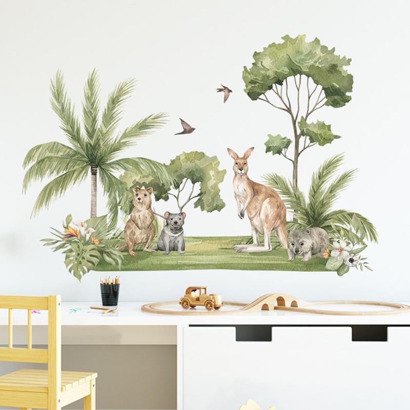 2шт Наклейки на стену Наклейка на стену Мультфильм Кенгуру Енот Тропические зеленые растения Обои Главная Стена