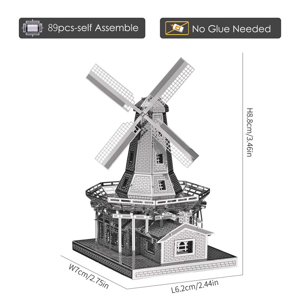 Piececool 3D Puzzle, Metallic Dutch Windmill, Metallic Nano Puzzle, Assembly Required, No Glue Required, 3-Star Difficulty, Intermediate Level,