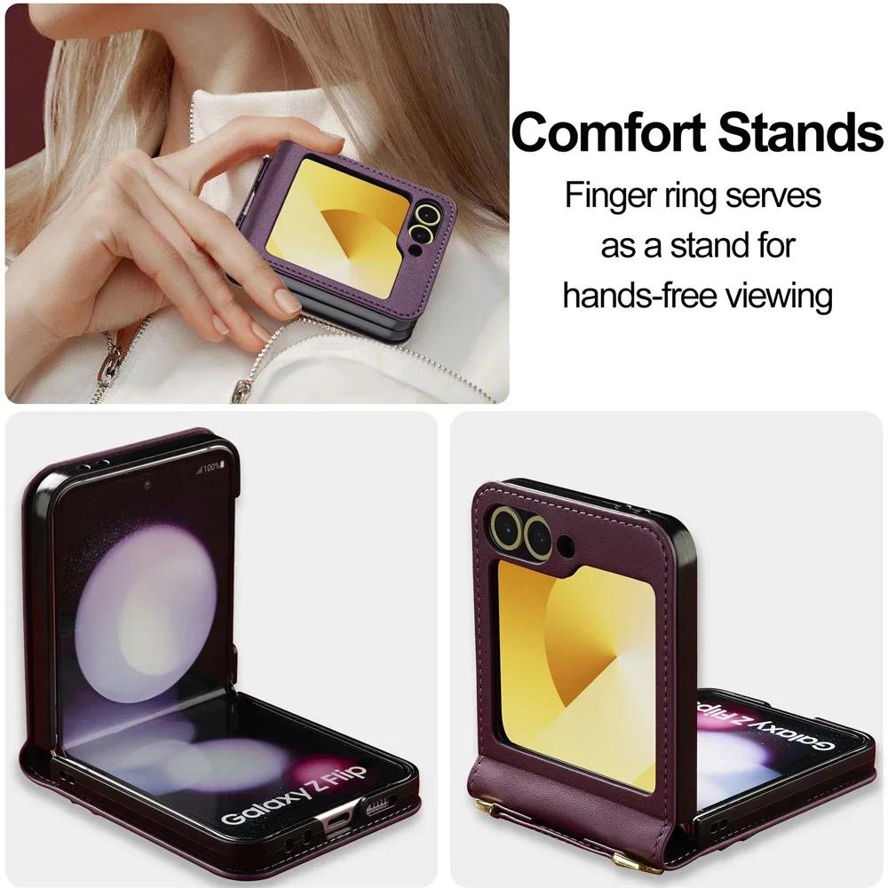 Чехол-кошелек через плечо для Samsung Galaxy Z Flip 6 5 4 3 Flip6 Flip5 Flip4 Flip3 5G Держатель для карт Ремешок на руку Шнурок Кожаный чехол