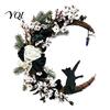 Dark Aesthetic Interior Decor Halloween Black Cat Half Moon Wreath, Artificial Roses Berries Crescent Grapevine Gothic Front Door Decoration