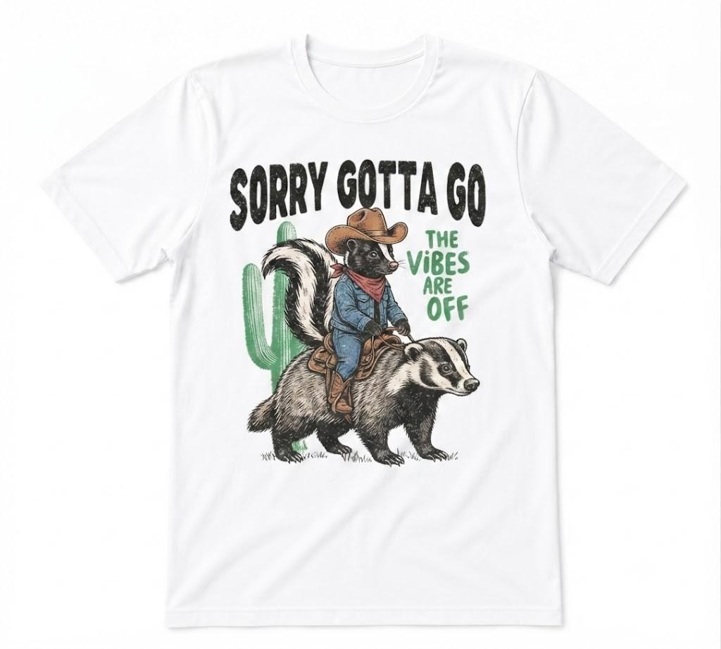 Sorry Gotta Go The Vibes Are Off Funny Cowboy Riding Raccoon White T-shirt