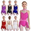 Girls Latin Dance Bodysuit Sleeveless Cutout Back Design Sheer Mesh Patchwork Shiny Rhinestones Tassel Leotard