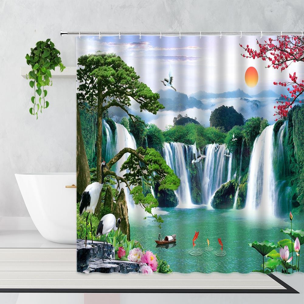 Zen Bamboo Forest Shower Curtain Summer Forest Jungle Waterfall Rock Nature Scenery Bath Curtains Set Green Landscape Bathroom