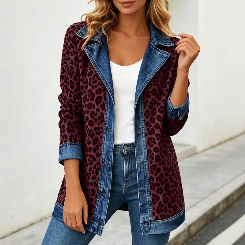 Womens Leopard Print Denim Jacket Long Sleeve Loose Fit Casual Open Front Shirt Collar Streetwear Coat