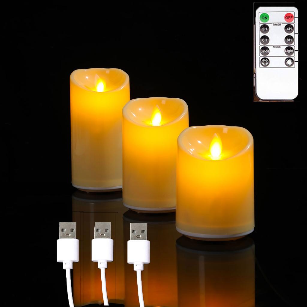 1/3 Pieces Flameless USB Moving Wick Candles With Remote,Rechargeable Plastic Wedding Dancing Flame Decorative Candles