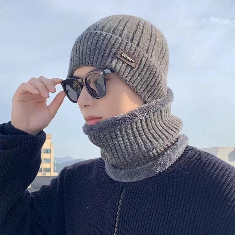Knitted Hat, Autumn and Winter Men's Warm and Velvet Fashionable Woolen Hat New Versatile Ear Protection Hat Scarf Cold Protection Hat Thick Hat