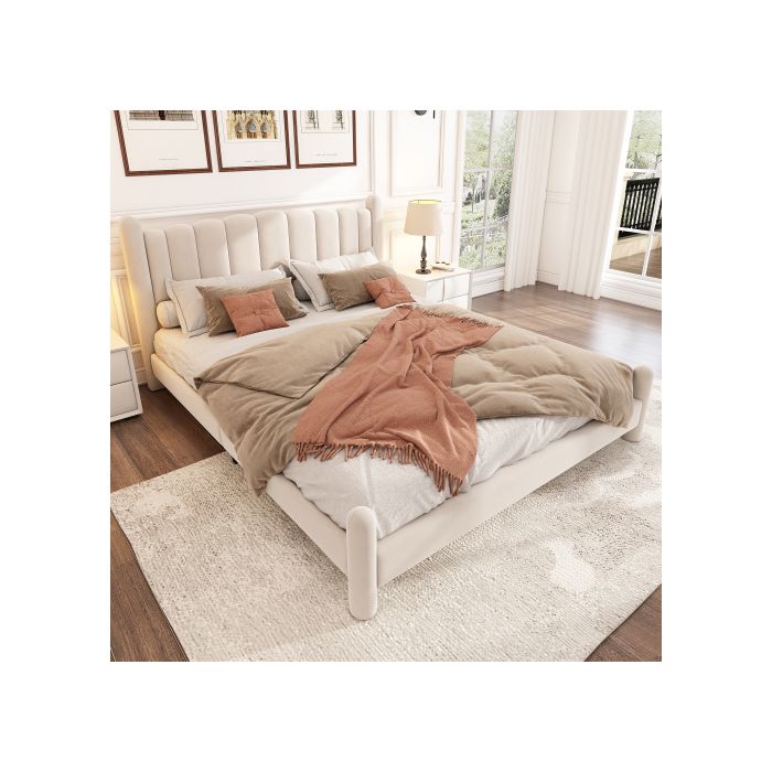 Lit capitonné - 160x200 cm - Velours beige - Tête de lit élégante - Sommier à lattes inclus