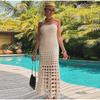 Elegant Knit Hollow Out Long Dress Women Strapless Backless Female Beach Party Dresses 2025 Summer Lady Vacation Solid Color Dress New